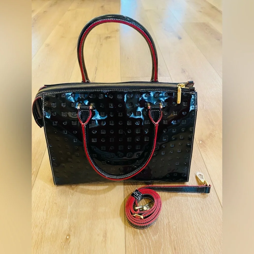 Arcadia Purse Italian Satchel Embossed Patten Leather Black Red Python Accents